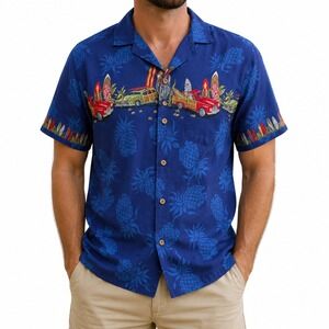 Diamond Head Sportswear Mens Blue Rayon Hawaiian Shirt Woody Wagon Surfboard L